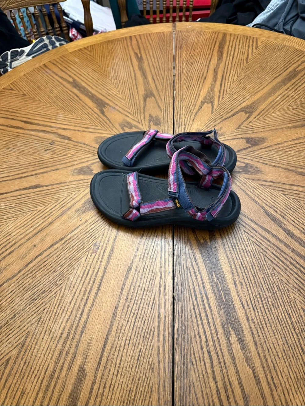 Teva Black Sandal with Pink and Gray Patterned Straps